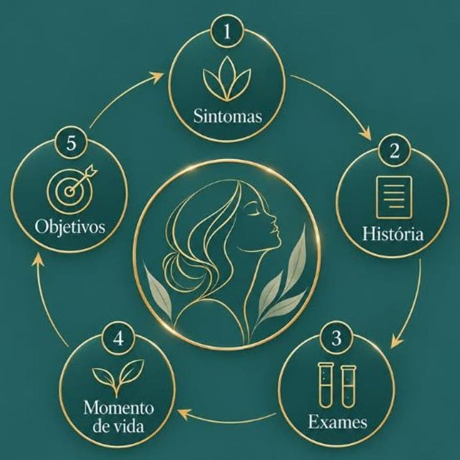 Esquema com cinco etapas da avaliação: sintomas, história, exames, momento de vida e objetivos